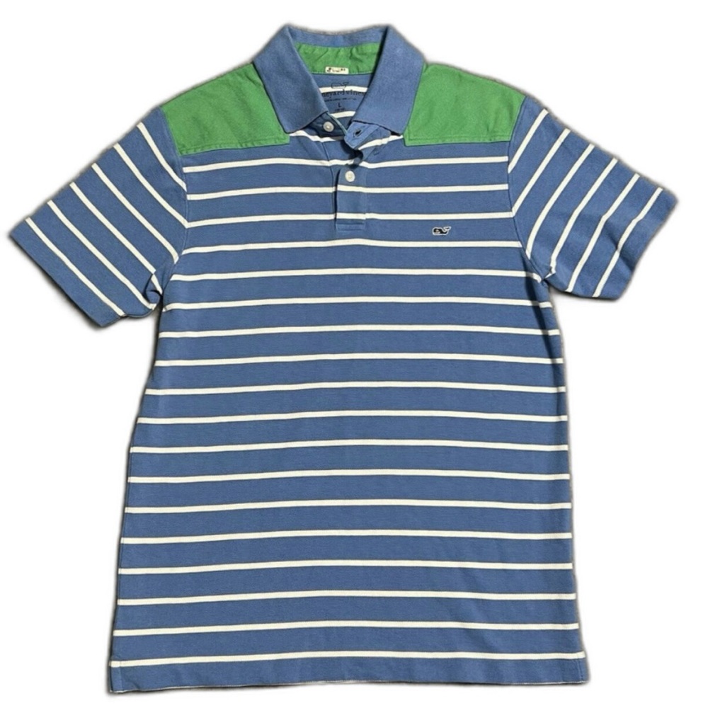Vineyard Vines Shirt Boys L 16-18 Polo Blue Green Striped Color Block Preppy